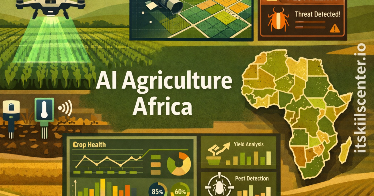 صورة توضيحية للذكاء الاصطناعي في الزراعة الأفريقية مع طائرة بدون طيار ولوحة صحة المحاصيل وكشف الآفات