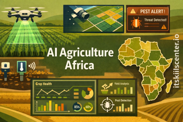 صورة توضيحية للذكاء الاصطناعي في الزراعة الأفريقية مع طائرة بدون طيار ولوحة صحة المحاصيل وكشف الآفات