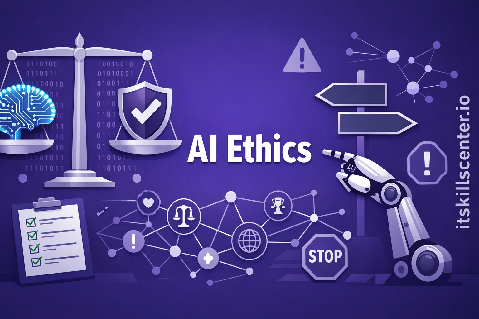 صورة توضيحية لأخلاقيات الذكاء الاصطناعي مع ميزان العدالة ودرع الأخلاقيات وذراع روبوتية عند مفترق طرق