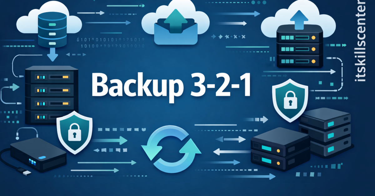 صورة توضيحية لاستراتيجية النسخ الاحتياطي 3-2-1 مع خوادم وتخزين سحابي ورموز حماية البيانات