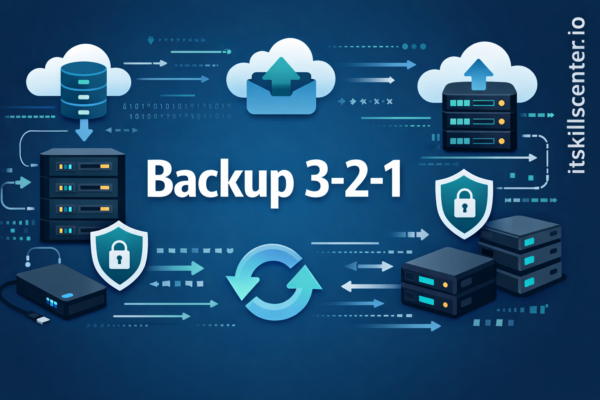 صورة توضيحية لاستراتيجية النسخ الاحتياطي 3-2-1 مع خوادم وتخزين سحابي ورموز حماية البيانات