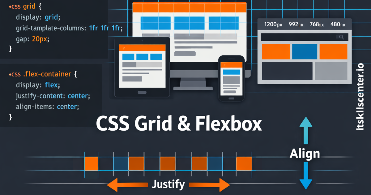 صورة توضيحية لتصميم واجهات مستخدم متجاوبة باستخدام CSS Grid وFlexbox مع شاشات متعددة ونقاط توقف
