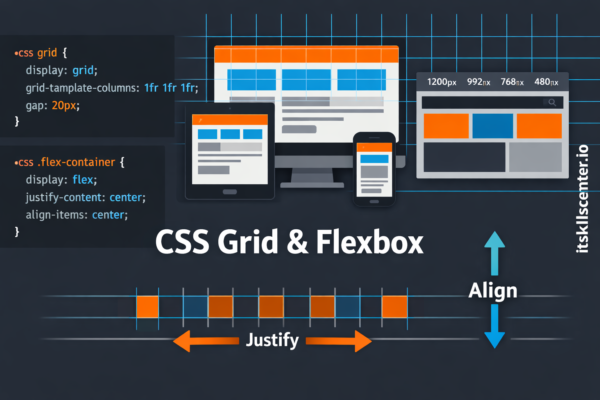 صورة توضيحية لتصميم واجهات مستخدم متجاوبة باستخدام CSS Grid وFlexbox مع شاشات متعددة ونقاط توقف