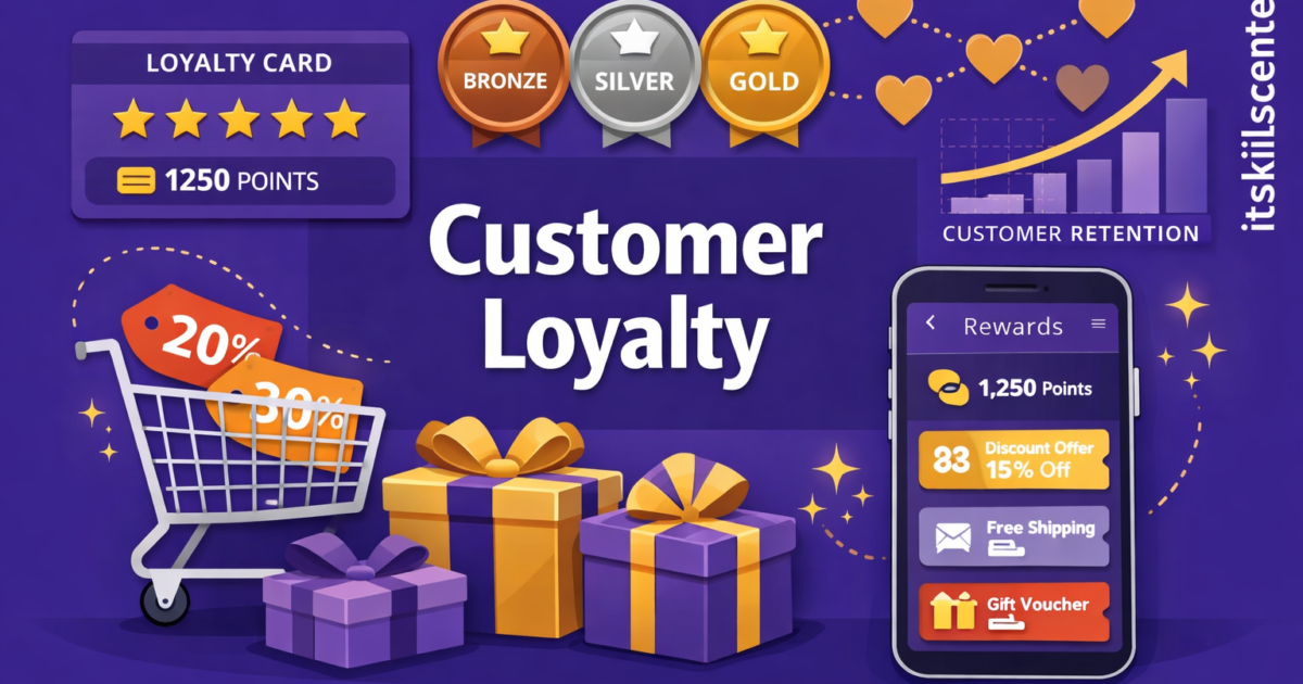 صورة توضيحية لبرنامج ولاء العملاء للمتجر الإلكتروني مع بطاقة الولاء وشارات الذهب والفضة والبرونز