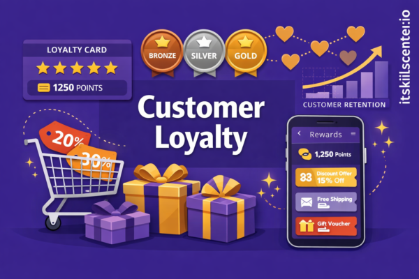 صورة توضيحية لبرنامج ولاء العملاء للمتجر الإلكتروني مع بطاقة الولاء وشارات الذهب والفضة والبرونز