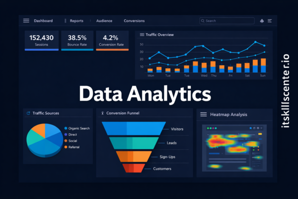 تحليل البيانات واتخاذ القرارات المبنية على الأرقام: لوحة تحكم تحليلية مع مؤشرات KPI وخريطة حرارية وقمع التحويل