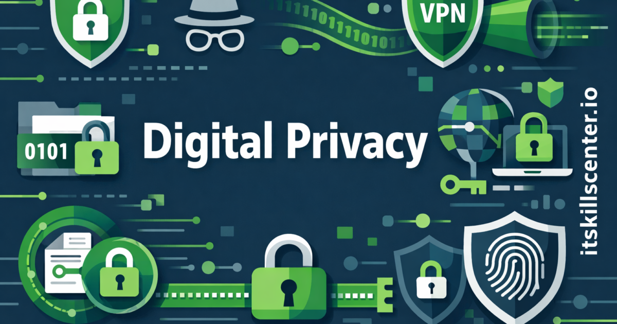 صورة توضيحية للخصوصية الرقمية وحماية البيانات الشخصية مع رموز VPN وأقفال تشفير وبصمات رقمية