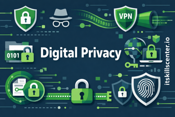 صورة توضيحية للخصوصية الرقمية وحماية البيانات الشخصية مع رموز VPN وأقفال تشفير وبصمات رقمية