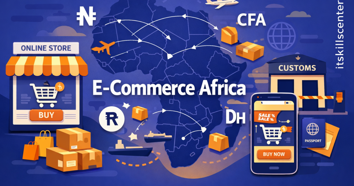 صورة توضيحية للتجارة الإلكترونية عبر الحدود في أفريقيا مع خريطة طرق الشحن ومتجر إلكتروني وعملات أفريقية