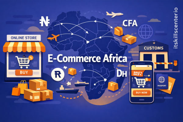 صورة توضيحية للتجارة الإلكترونية عبر الحدود في أفريقيا مع خريطة طرق الشحن ومتجر إلكتروني وعملات أفريقية