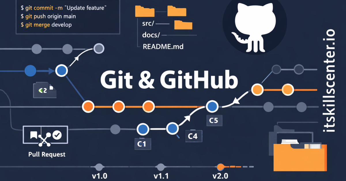صورة توضيحية لأساسيات Git وGitHub للمطورين مع مخطط فروع الكود وأوامر git والطلبات الـ Pull Request