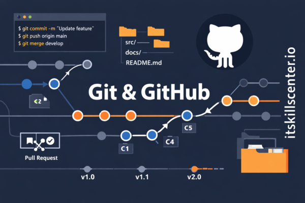 صورة توضيحية لأساسيات Git وGitHub للمطورين مع مخطط فروع الكود وأوامر git والطلبات الـ Pull Request