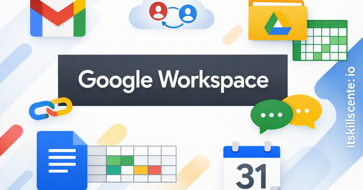 صورة توضيحية لـ Google Workspace للأعمال مع أيقونات Gmail و Drive و Docs و Calendar و Sheets