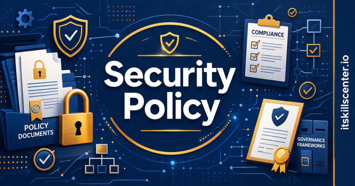صورة توضيحية لسياسة أمن المعلومات مع وثائق السياسات وأيقونات الامتثال وأطر الحوكمة