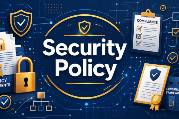 صورة توضيحية لسياسة أمن المعلومات مع وثائق السياسات وأيقونات الامتثال وأطر الحوكمة