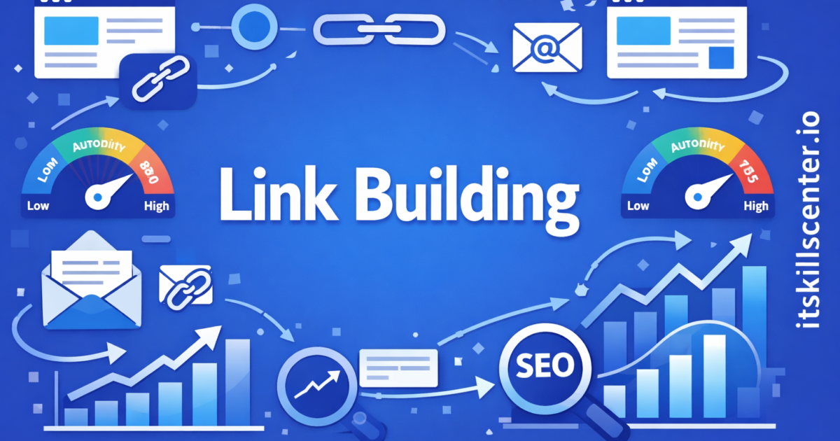 صورة توضيحية لبناء الروابط الخلفية مع سلاسل الروابط ومقاييس سلطة الدومين ورسوم بيانية لنمو SEO