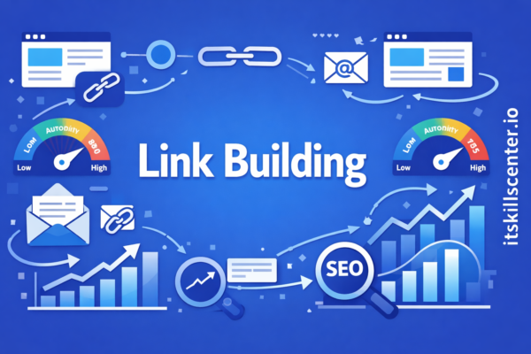 صورة توضيحية لبناء الروابط الخلفية مع سلاسل الروابط ومقاييس سلطة الدومين ورسوم بيانية لنمو SEO