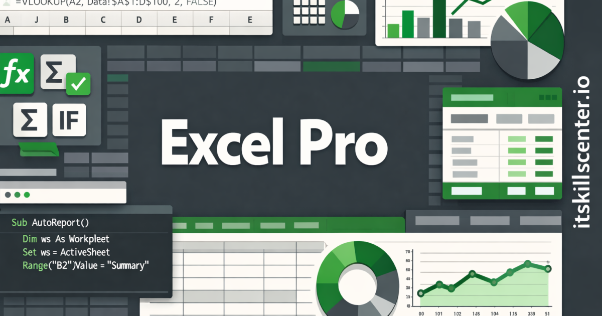 صورة توضيحية لإتقان Excel مع دوال VLOOKUP وجداول محورية وأكواد VBA ورسوم بيانية