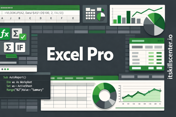 صورة توضيحية لإتقان Excel مع دوال VLOOKUP وجداول محورية وأكواد VBA ورسوم بيانية
