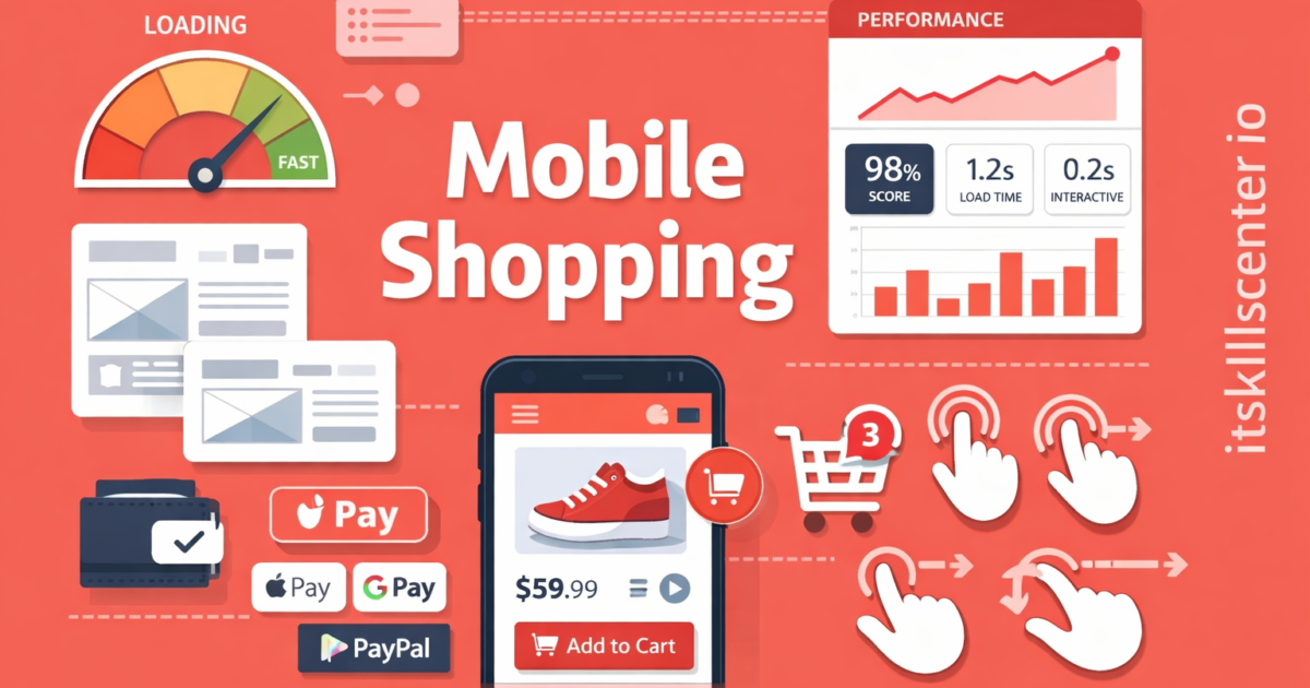 صورة توضيحية لتحسين تجربة التسوق عبر الهاتف المحمول مع واجهة تطبيق التجارة الإلكترونية ومؤشرات الأداء