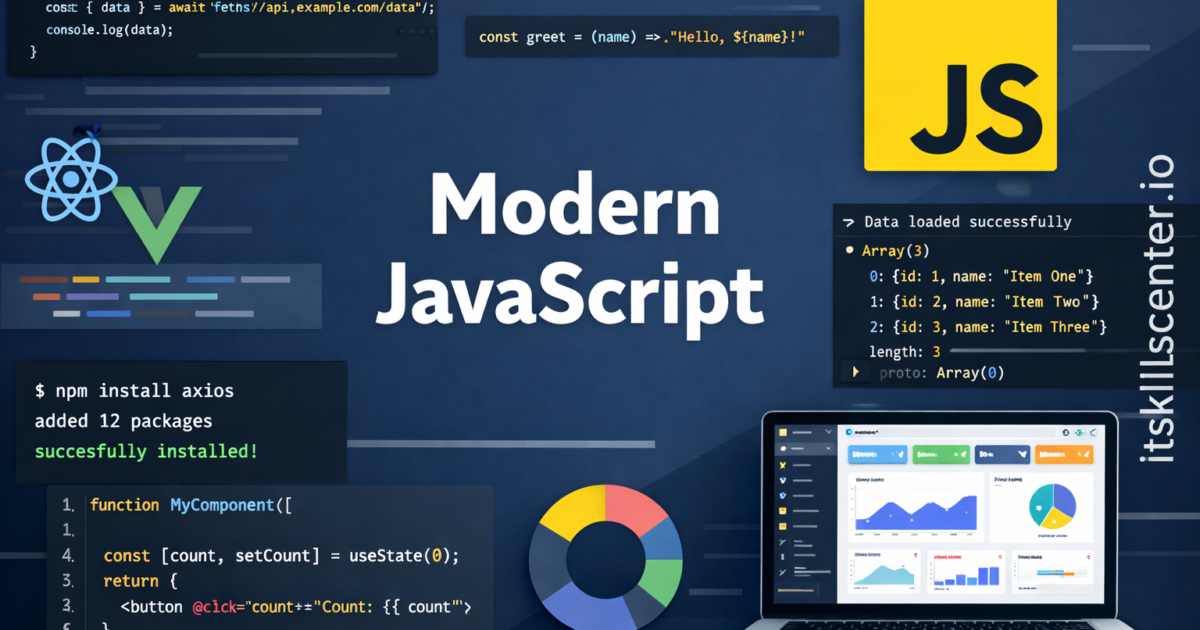 صورة توضيحية لتعلم JavaScript الحديث مع كود ES6 وشعار JS وReact وVue ومدير الحزم npm