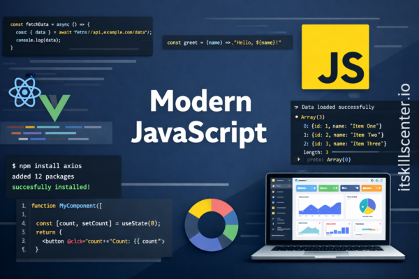 صورة توضيحية لتعلم JavaScript الحديث مع كود ES6 وشعار JS وReact وVue ومدير الحزم npm