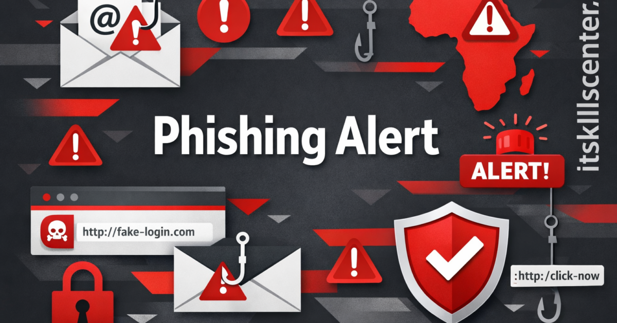 صورة توضيحية للتصيد الاحتيالي والاحتيال الإلكتروني مع رسائل بريد مشبوهة وتحذيرات أمنية ودروع حماية