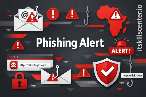صورة توضيحية للتصيد الاحتيالي والاحتيال الإلكتروني مع رسائل بريد مشبوهة وتحذيرات أمنية ودروع حماية
