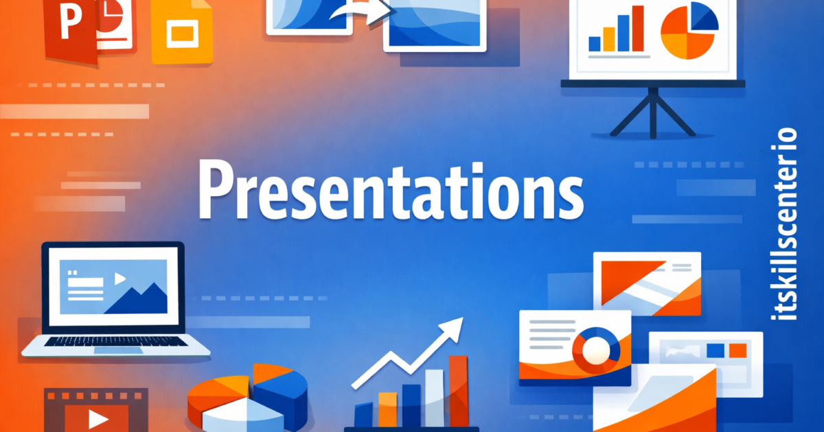 صورة توضيحية لإنشاء عروض تقديمية مع أيقونات PowerPoint و Google Slides ورسوم بيانية وشاشة عرض