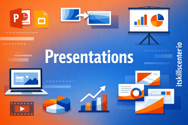 صورة توضيحية لإنشاء عروض تقديمية مع أيقونات PowerPoint و Google Slides ورسوم بيانية وشاشة عرض