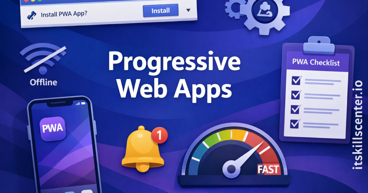 صورة توضيحية لتطوير تطبيقات الويب التقدمية PWA مع وضع عدم الاتصال وإشعارات الدفع وقائمة مراجعة PWA