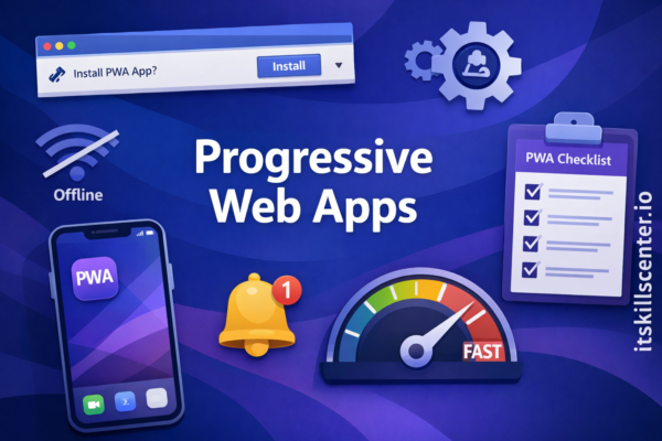 صورة توضيحية لتطوير تطبيقات الويب التقدمية PWA مع وضع عدم الاتصال وإشعارات الدفع وقائمة مراجعة PWA