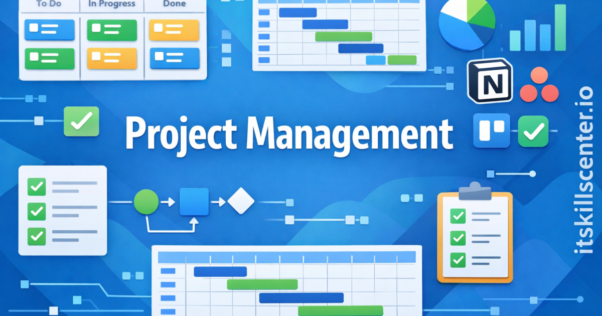 صورة توضيحية لإدارة المشاريع مع لوحات كانبان ومخططات جانت وأدوات Trello و Asana و Notion