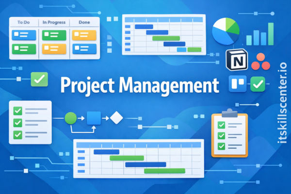 صورة توضيحية لإدارة المشاريع مع لوحات كانبان ومخططات جانت وأدوات Trello و Asana و Notion