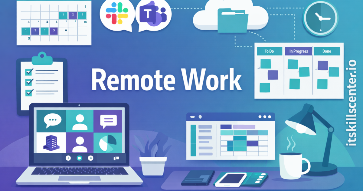 صورة توضيحية للعمل عن بعد مع أدوات التعاون والتواصل ولوحات المهام والتقويم