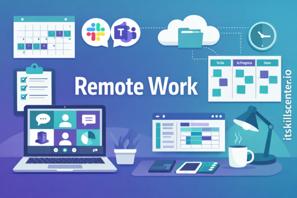 صورة توضيحية للعمل عن بعد مع أدوات التعاون والتواصل ولوحات المهام والتقويم