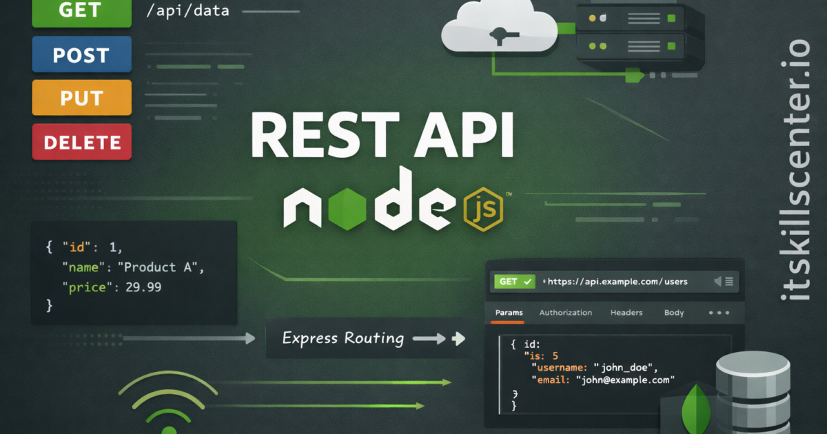صورة توضيحية لبناء واجهات REST API باستخدام Node.js وExpress مع طرق HTTP وبيانات JSON وتوجيه Express