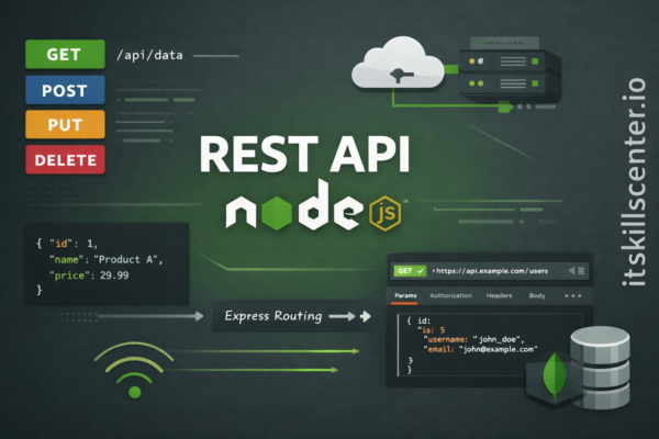 صورة توضيحية لبناء واجهات REST API باستخدام Node.js وExpress مع طرق HTTP وبيانات JSON وتوجيه Express
