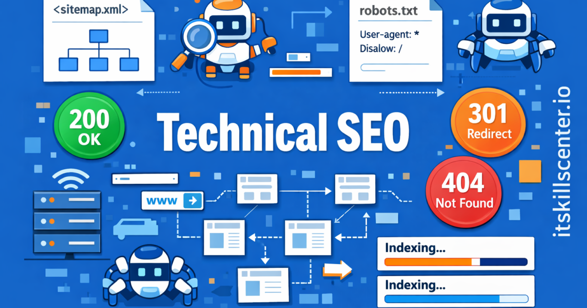 صورة توضيحية لتحسين محركات البحث التقني مع خريطة الموقع وملف robots.txt وأكواد الاستجابة والفهرسة